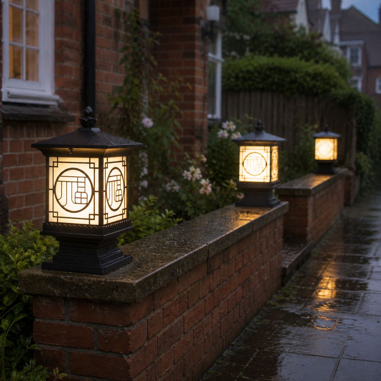 Three tall lantern post caps along a wet brick garden wall at night