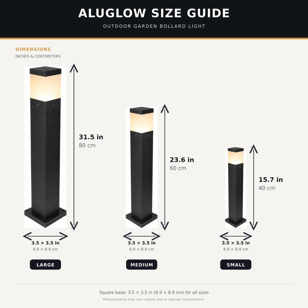 Size guide showing the three bollard heights, 40 to 80cm, on a shared 8.9cm base