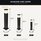Size guide showing the three bollard heights, 40 to 80cm, on a shared 8.9cm base