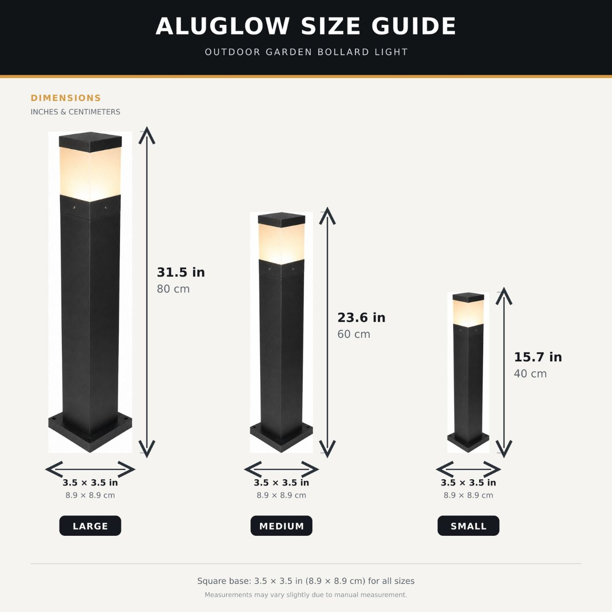 Size guide showing the three bollard heights, 40 to 80cm, on a shared 8.9cm base