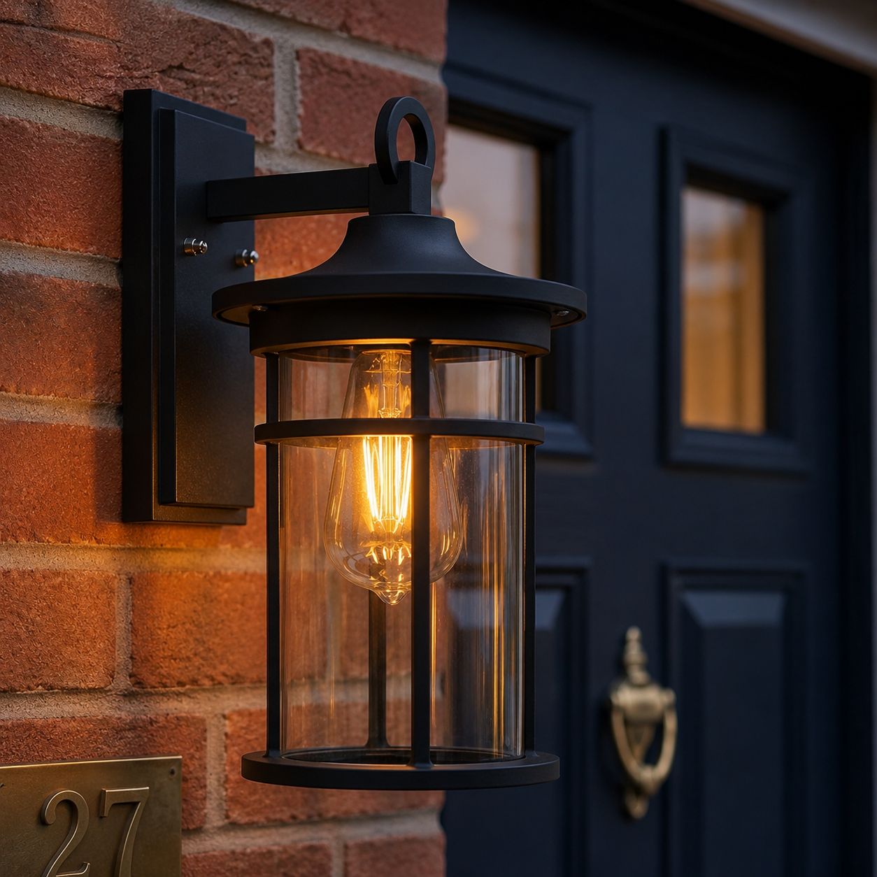 Caged glass cylinder wall lantern lit beside a navy front door on red brick