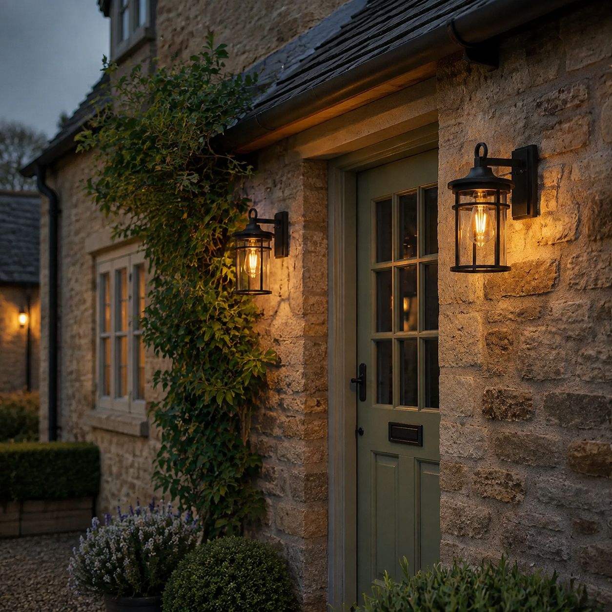 Two caged glass wall lanterns on a Cotswold stone cottage at dusk