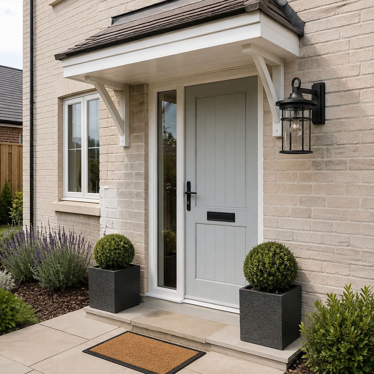 Two caged glass wall lanterns flanking a white porch and front door