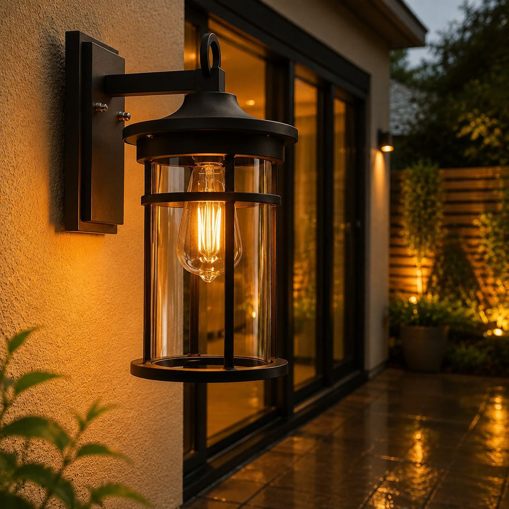 Caged glass wall lantern beside glazed doors onto a lit garden