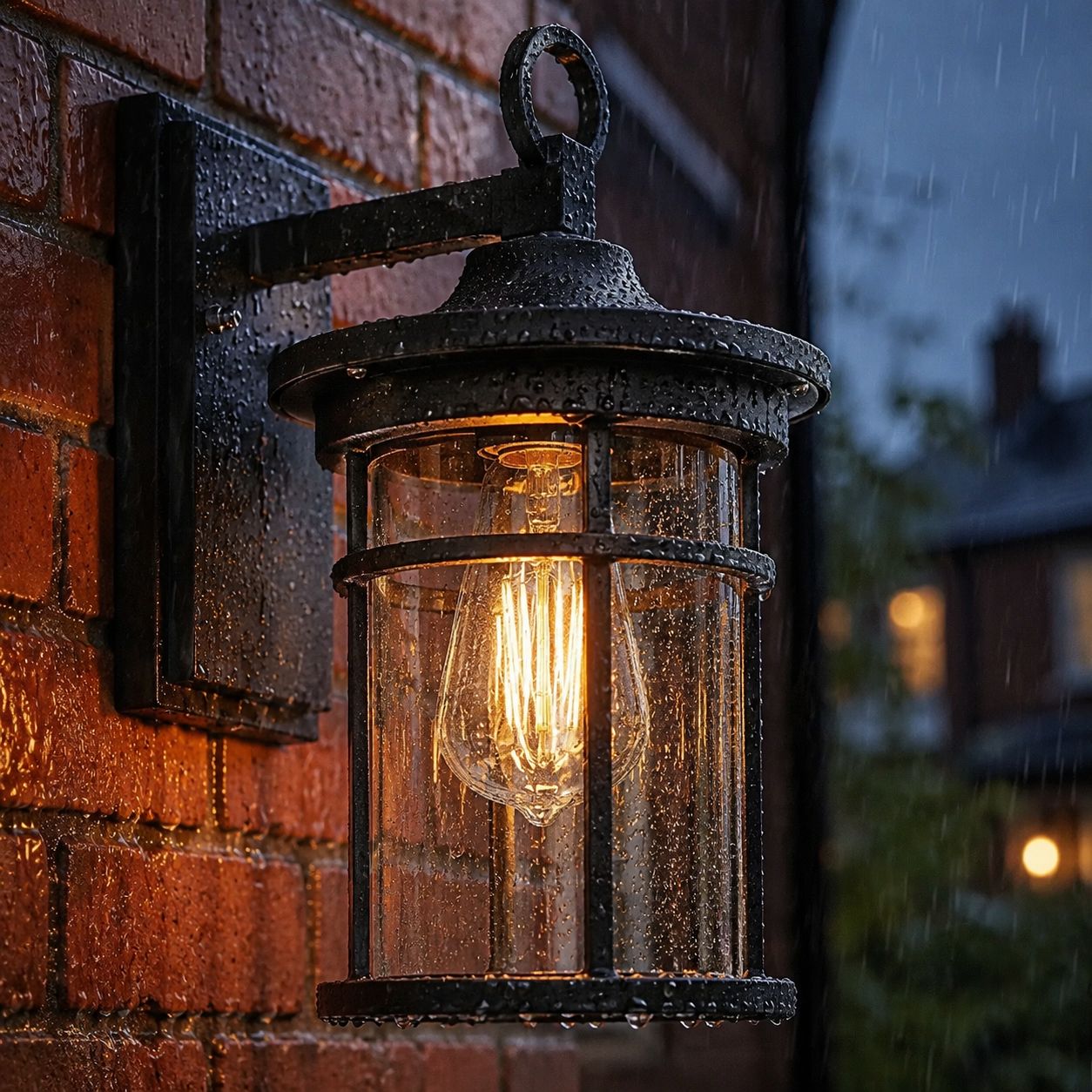 Caged glass wall lantern lit on wet red brick in the rain