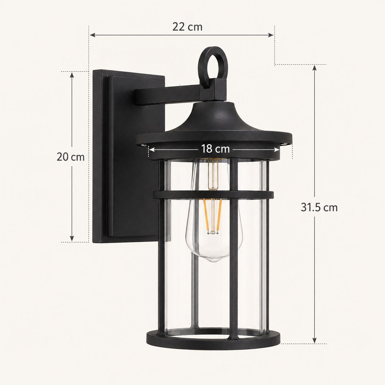 Dimensions graphic showing the lantern at 18cm diameter, 31.5cm high and 22cm from the wall