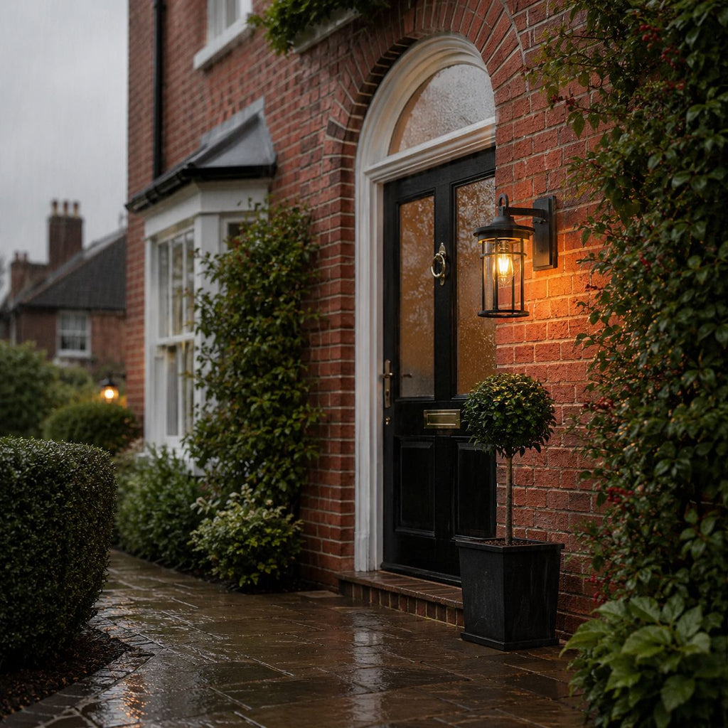 Two caged glass wall lanterns on red brick beside an arched entrance