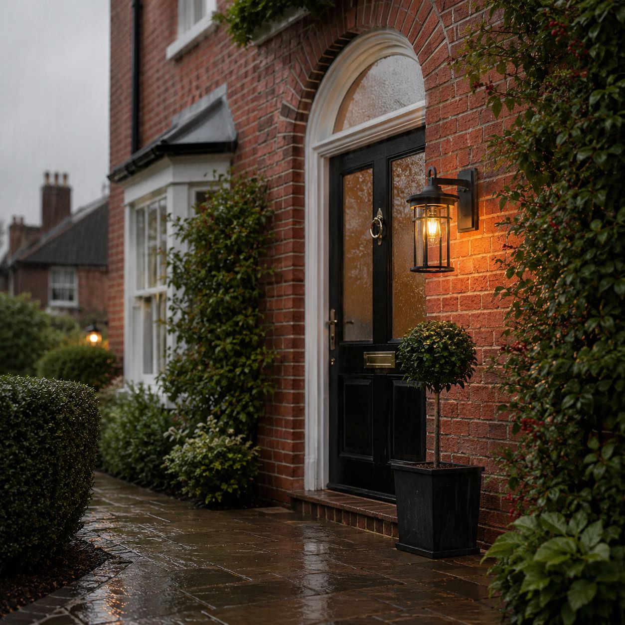 Two caged glass wall lanterns on red brick beside an arched entrance