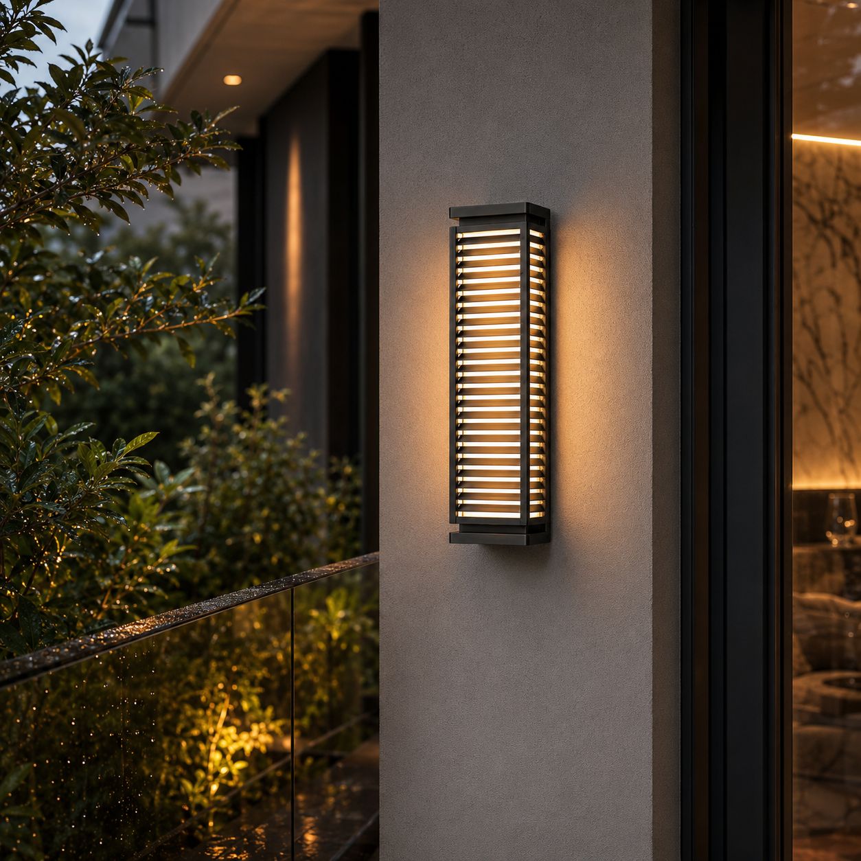 Louvre wall light on render beside planting with a lit path below at dusk