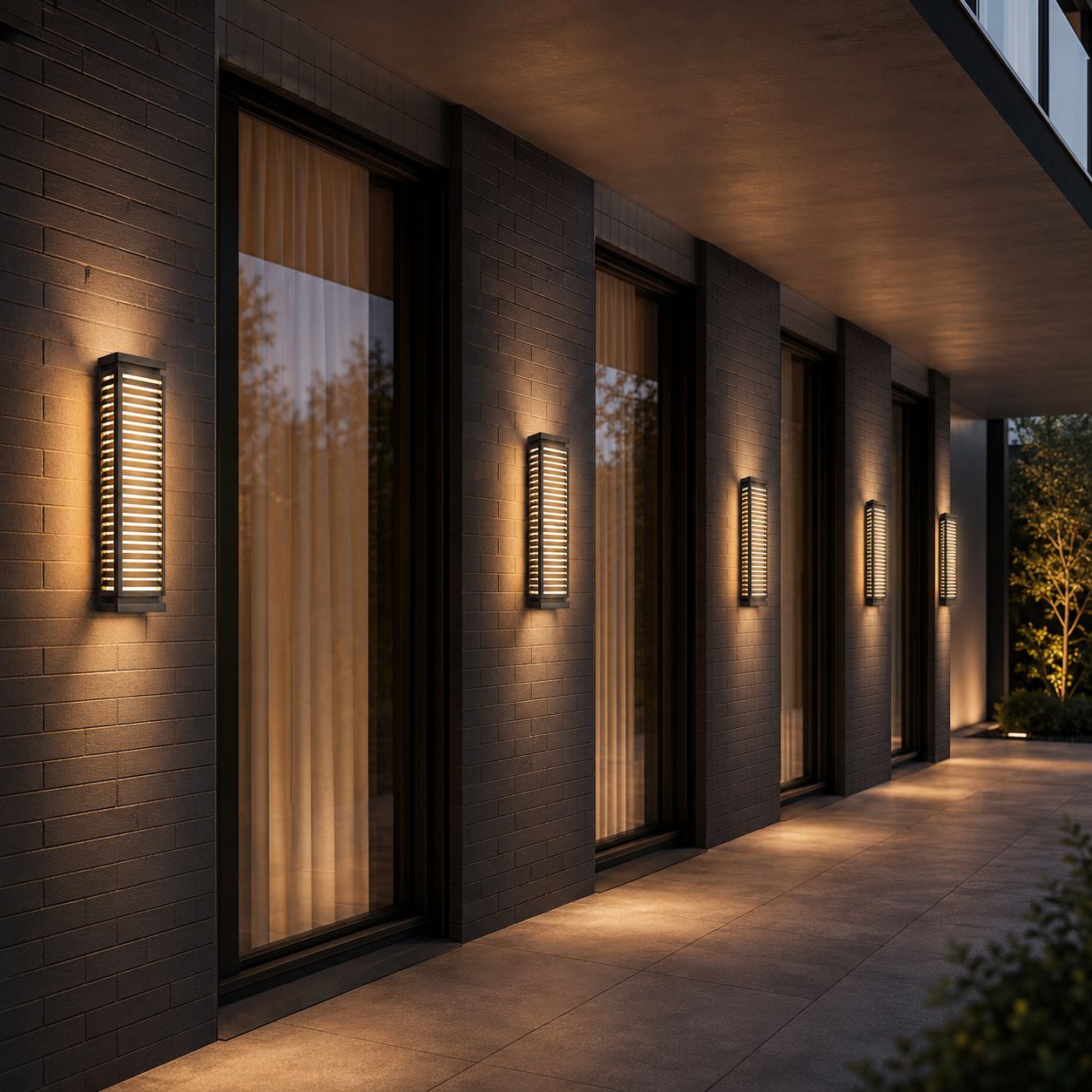 Row of louvre wall lights along a modern facade between tall windows