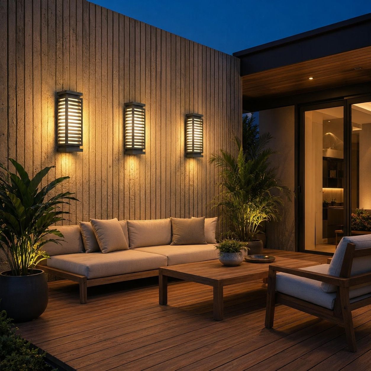 Three louvre wall lights on timber cladding above outdoor seating