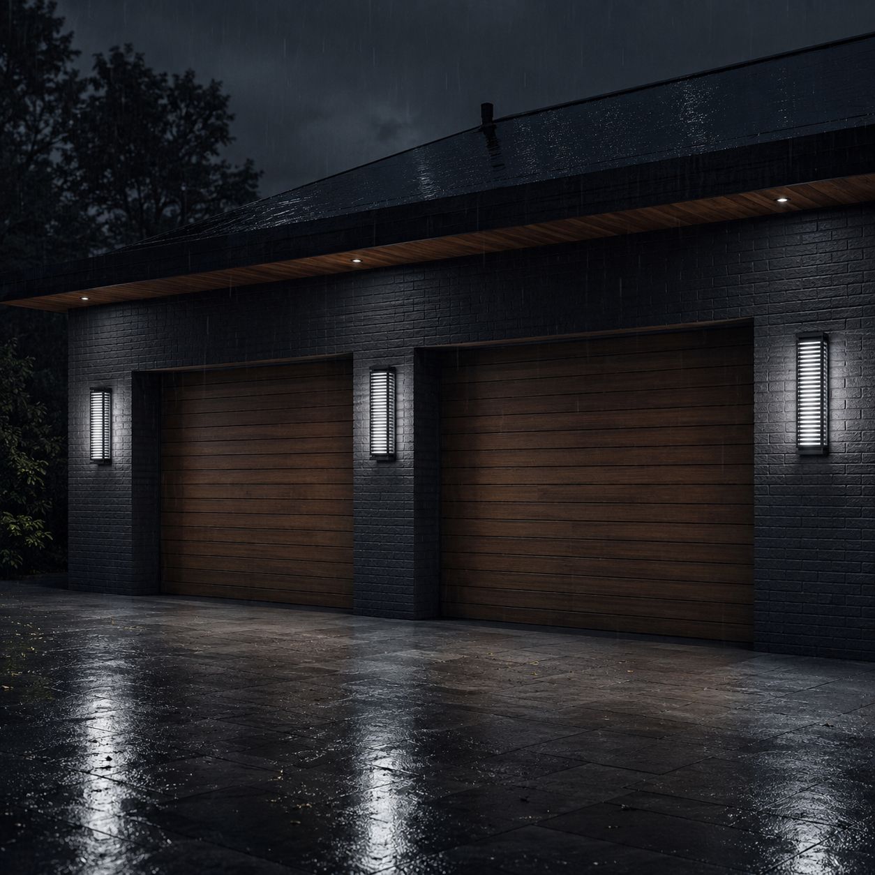 Two louvre wall lights flanking a garage door on a wet driveway at dusk