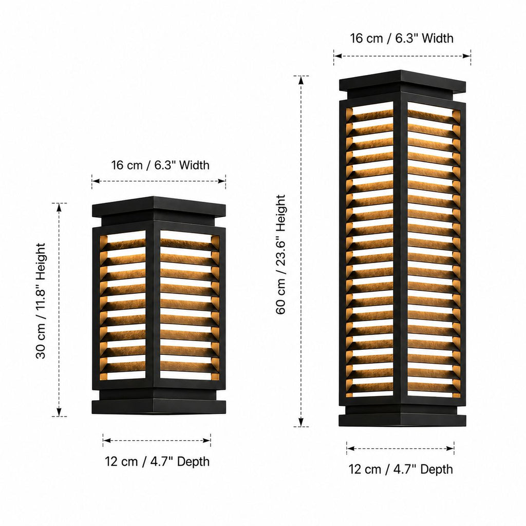 Size guide comparing the 30cm and 60cm louvre wall lights, both 16cm wide