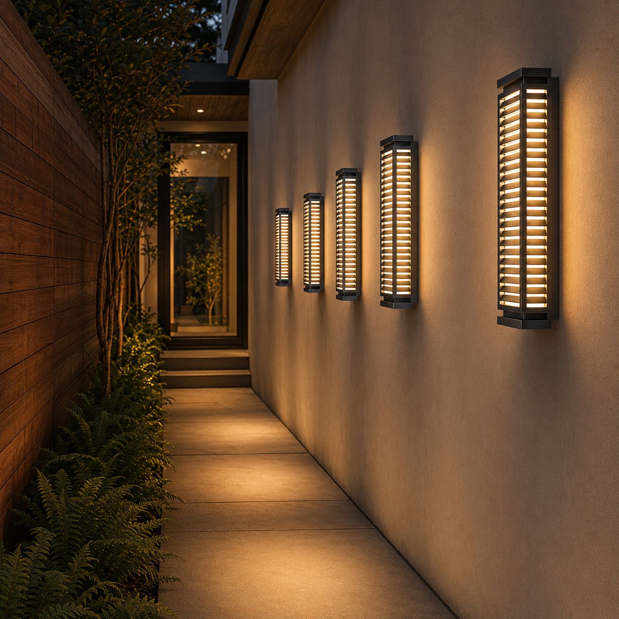 Louvre wall lights lining a covered passage wall at night
