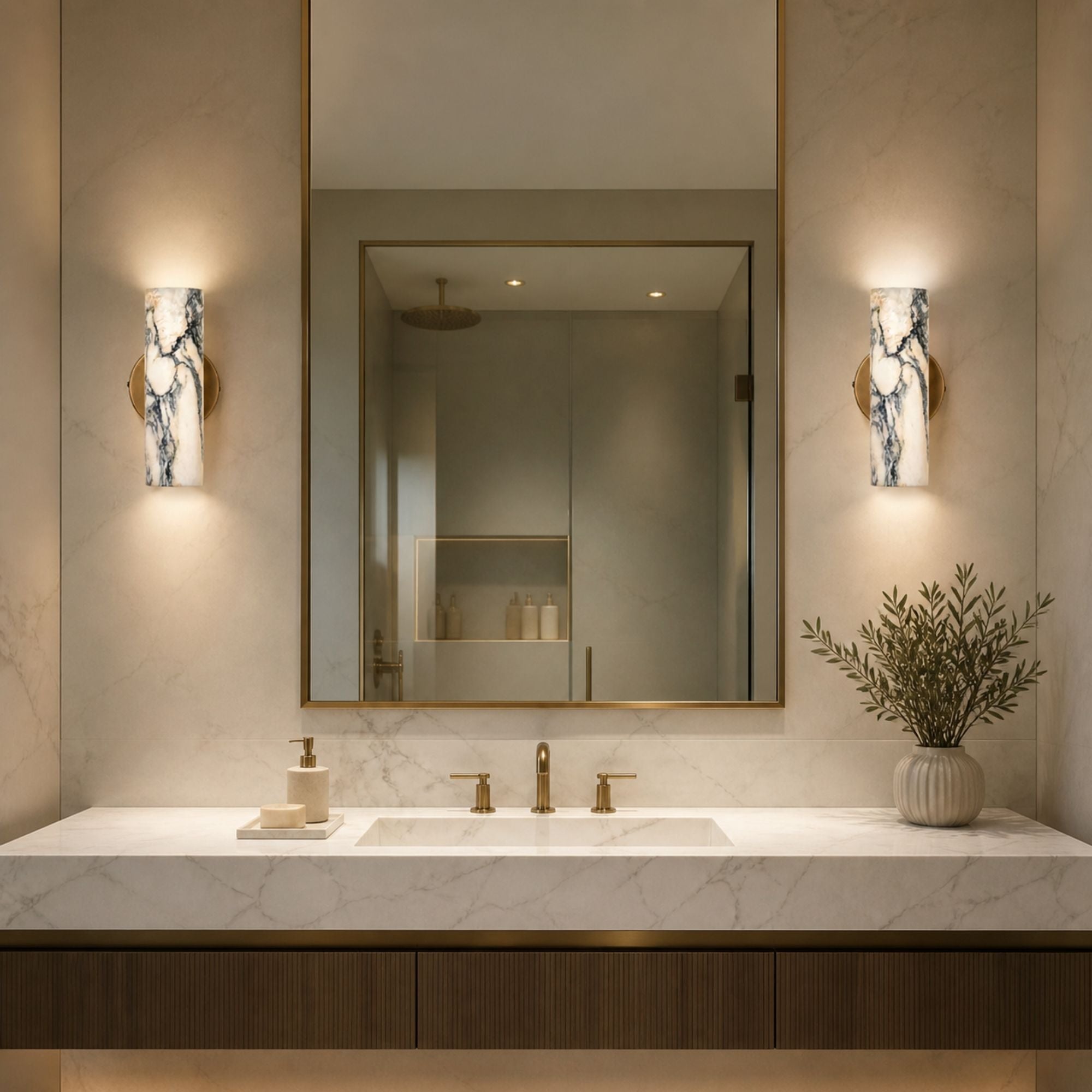 Marble wall lamps for bathroom mirror with warm ambient lighting