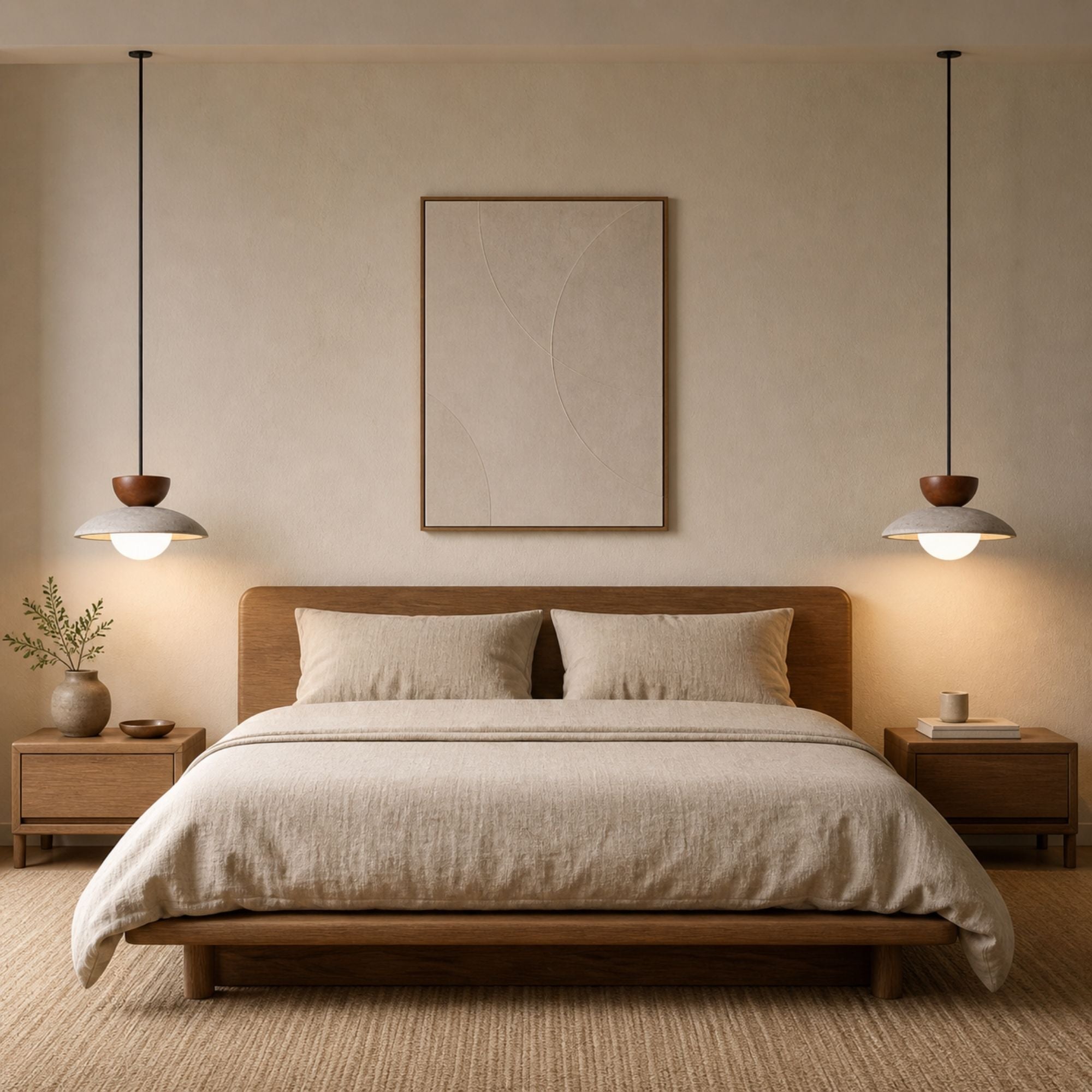 Pendant light with warm ambient lighting for minimalist bedroom setup