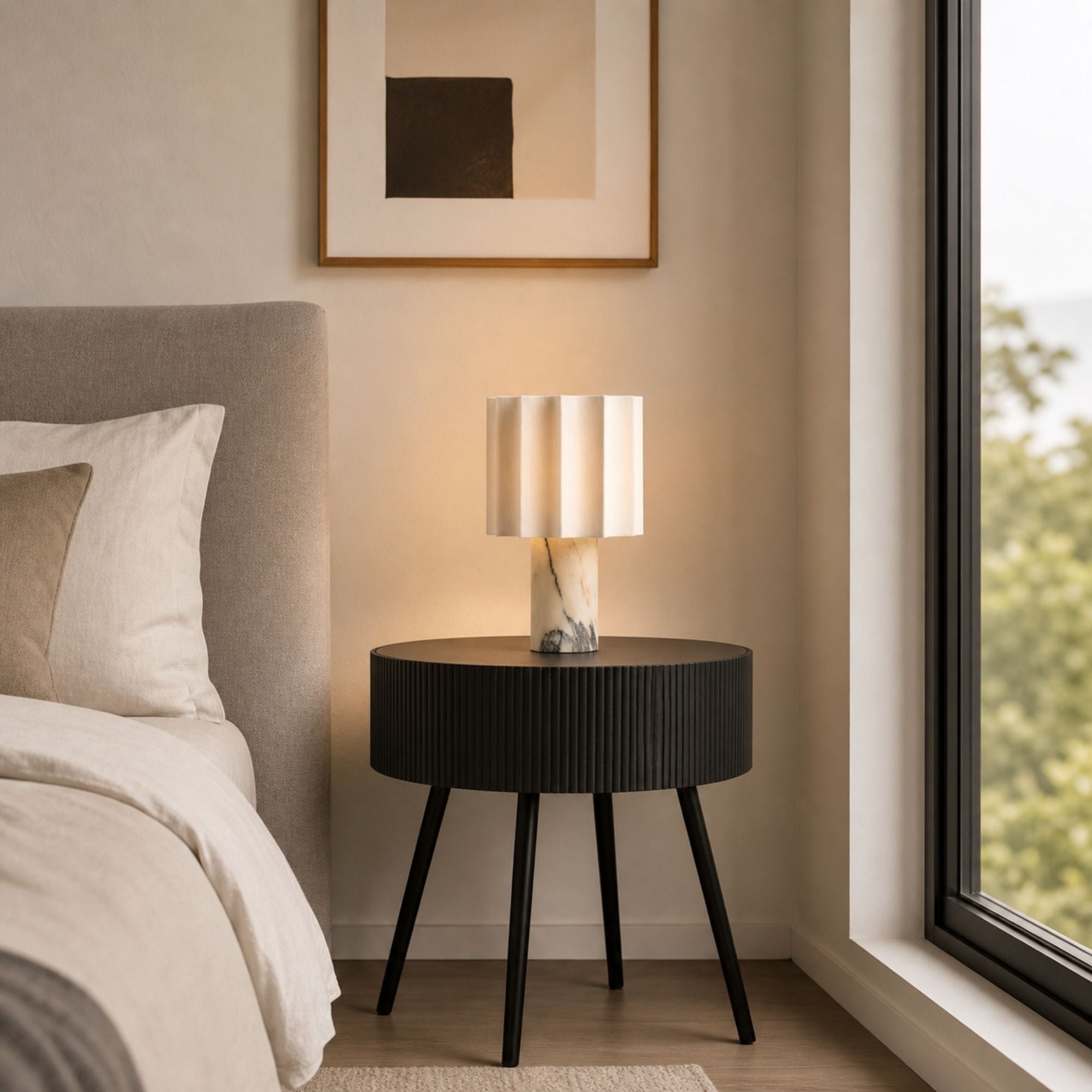 Cordless Calacatta marble bedside table lamp with linen shade providing soft warm bedroom lighting