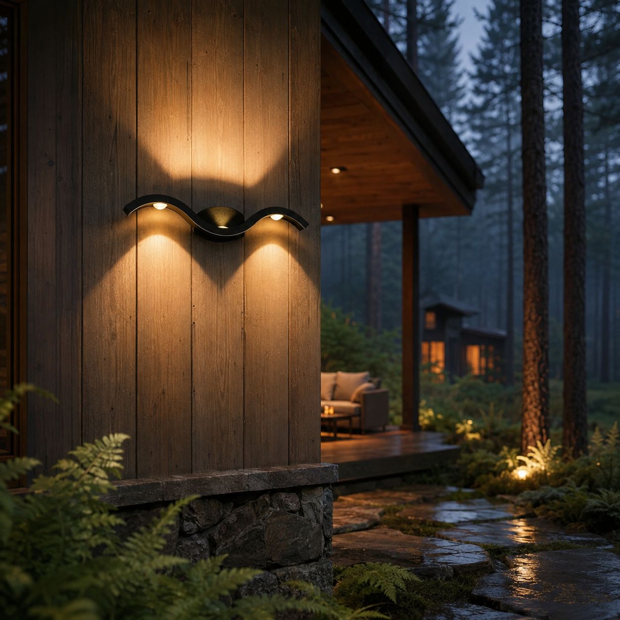 Black wave wall light in warm white on dark timber cladding at a forest cabin