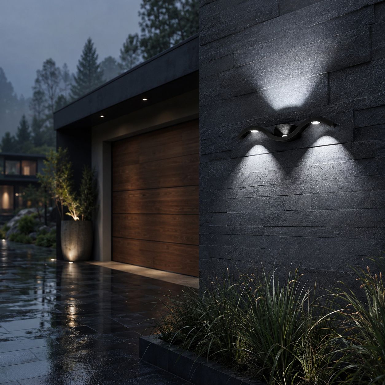 Black wave wall light in cool white on dark stone beside a garage door