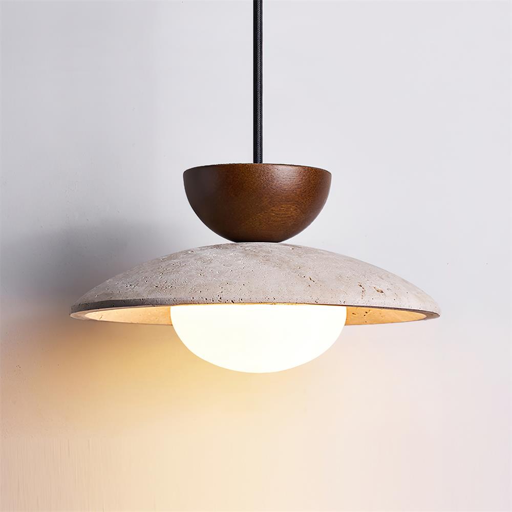 Modern pendant light with wood and travertine design for warm indoor lighting