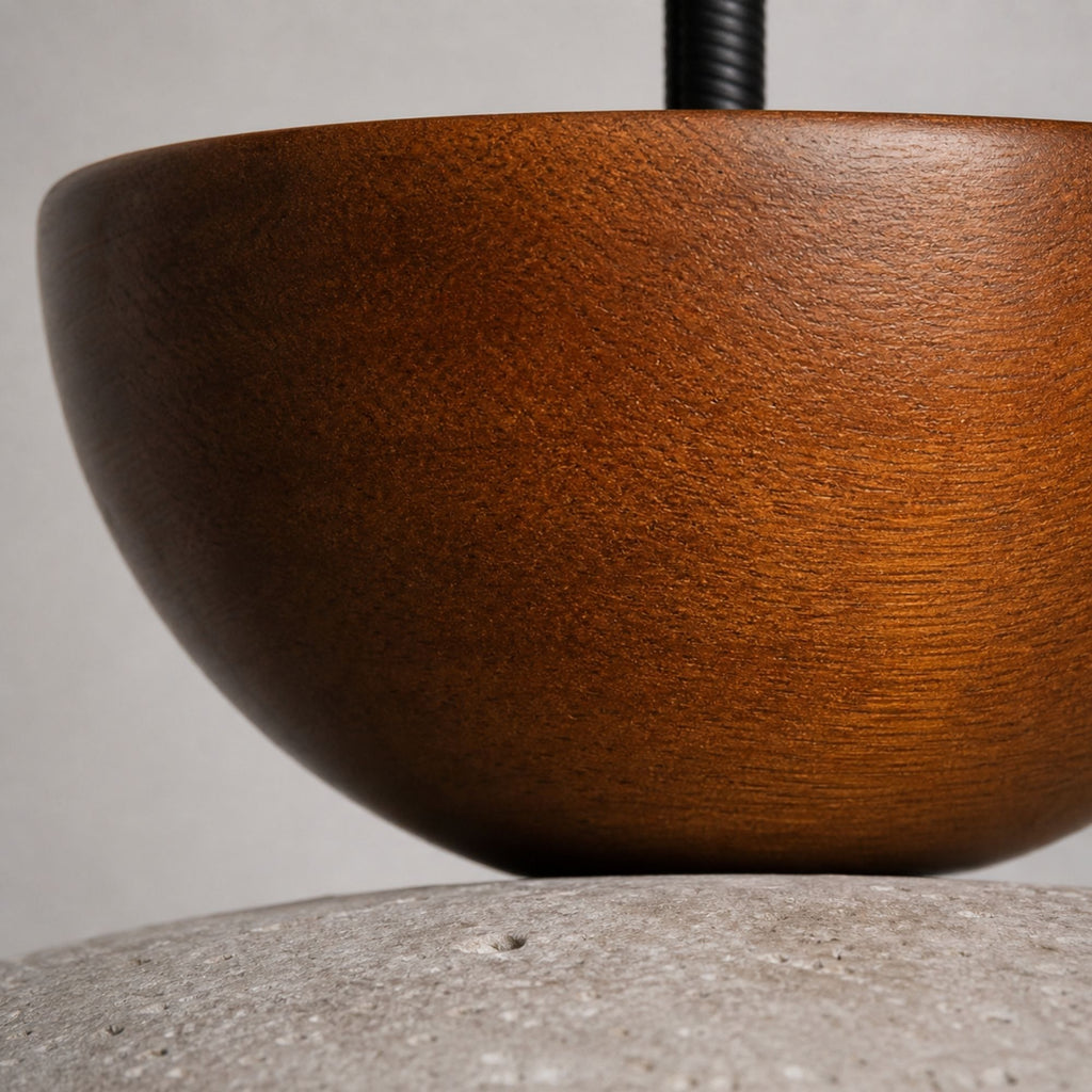 Wood detail of pendant light with natural finish design