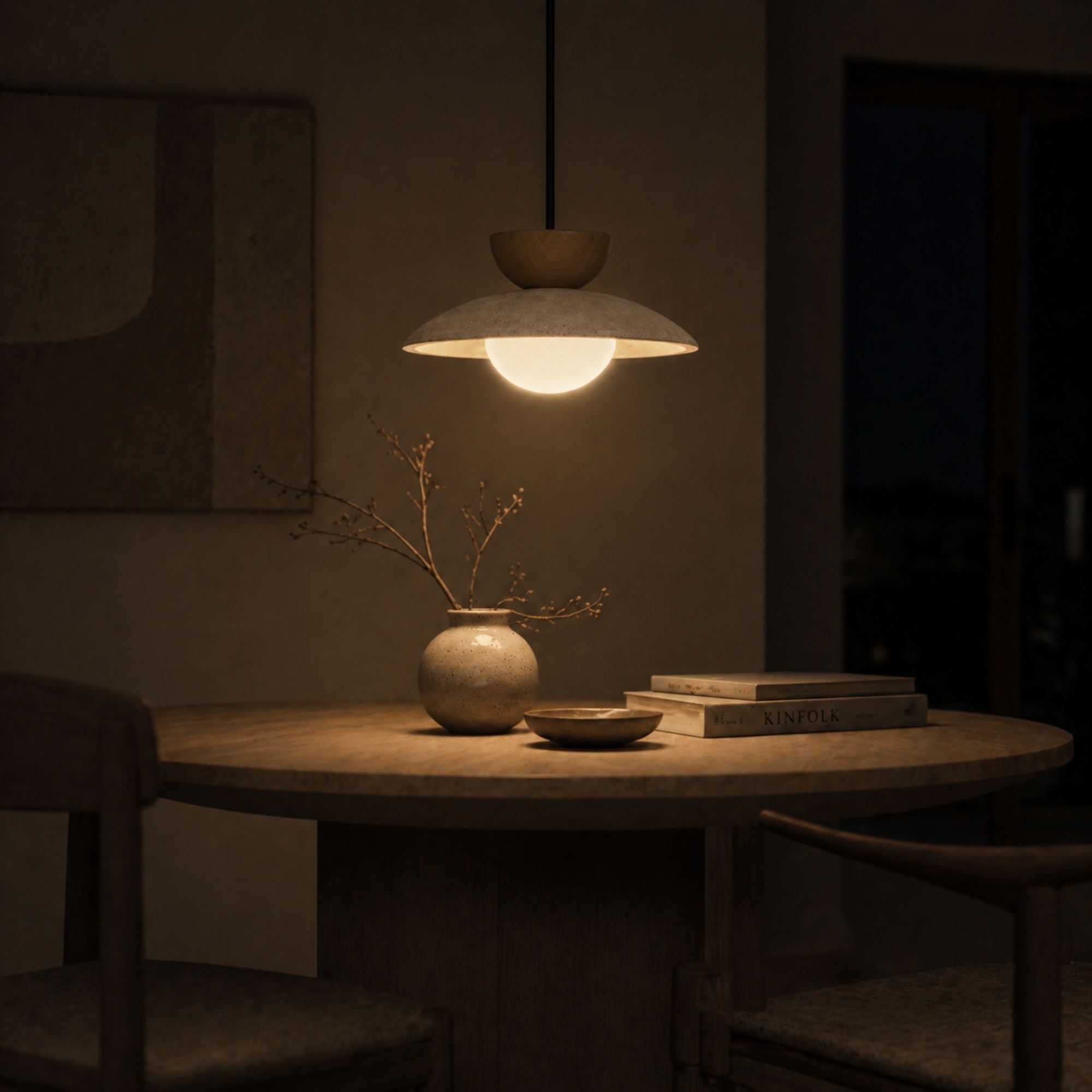 CleoStone | Elegant Natural Wood and Travertine Pendant Light Fixture 0