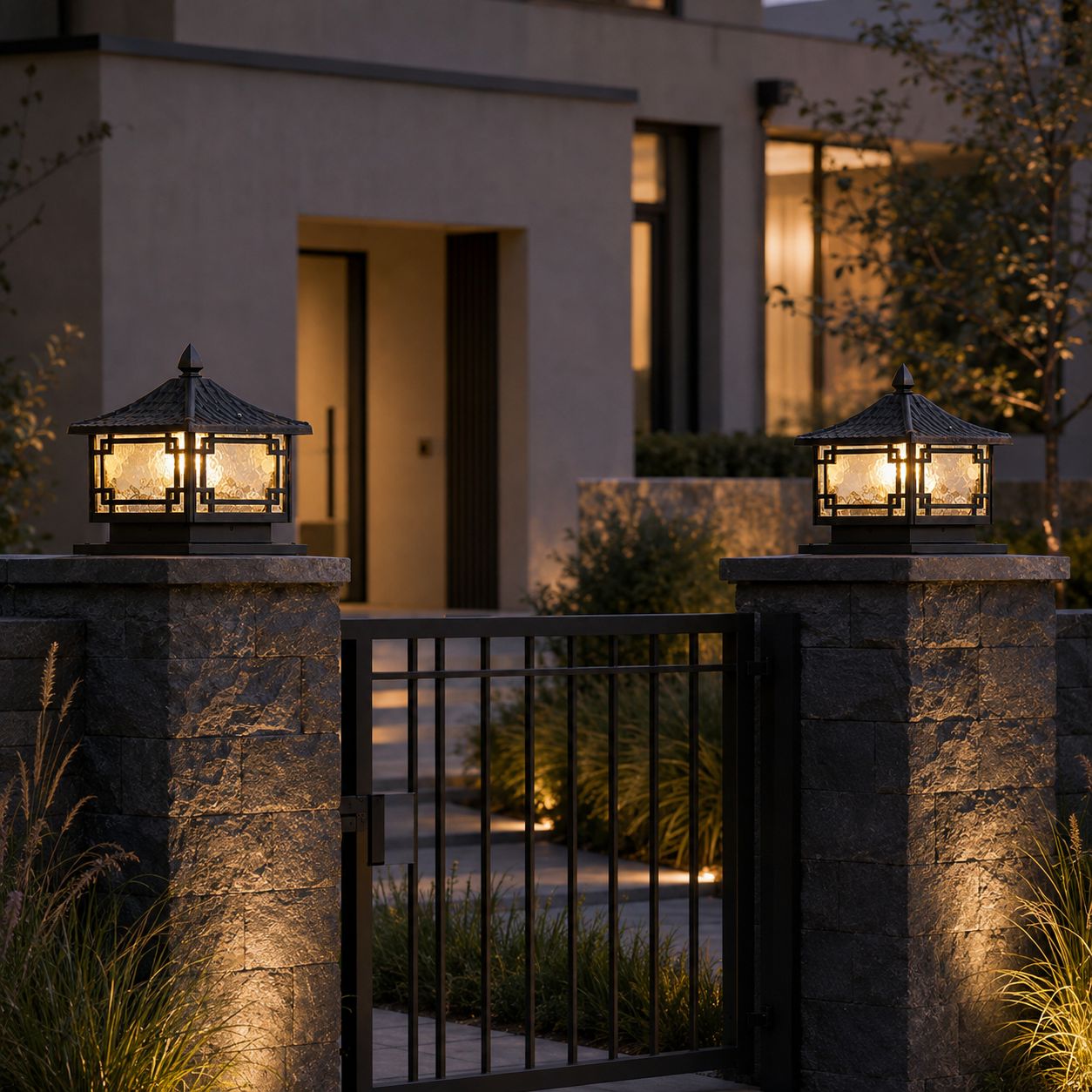 Pair of traditional pillar lanterns on stone gate posts flanking an iron gate at dusk