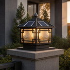 Solar version of the pillar lantern showing the panels set into the tiered roof