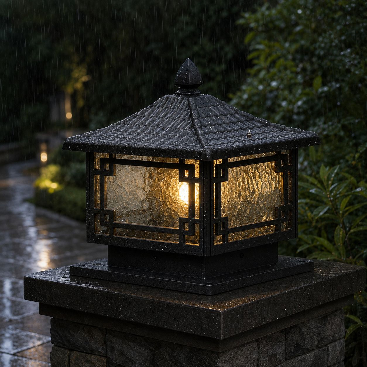 Traditional pillar lantern lit in heavy rain, water running over the frosted glass