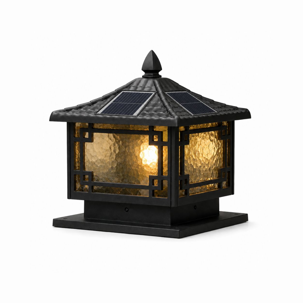 Studio view of the solar pillar lantern, with solar panels visible in the roof