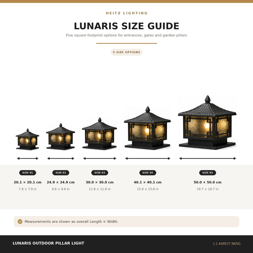 Size guide comparing the five square pillar light footprints from 20.1 to 50cm