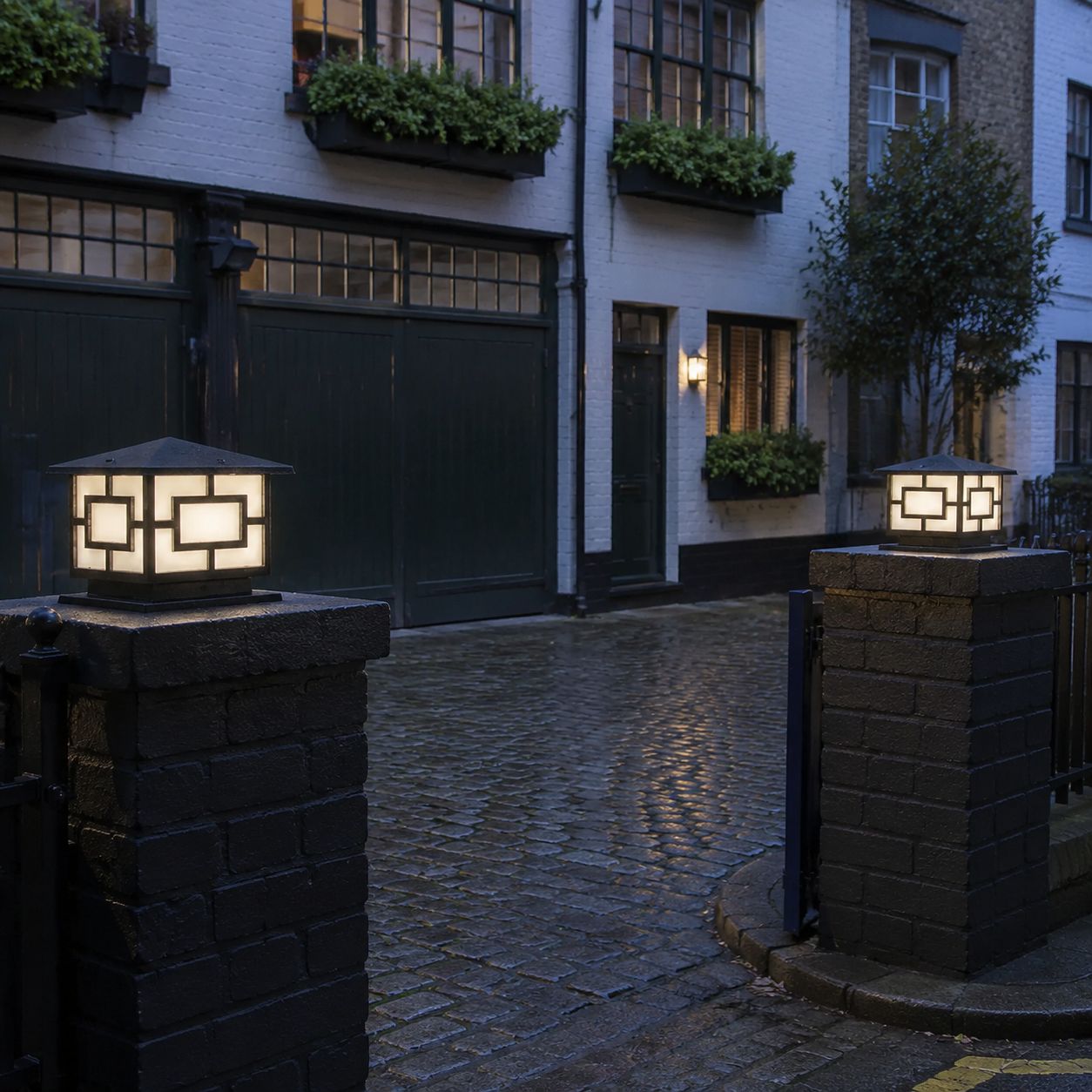 Pair of Pagoda pillar lights on dark piers at a cobbled mews entrance