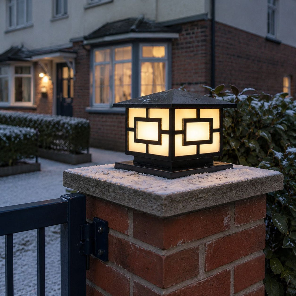Pagoda pillar light on a snow-covered red brick pier in winter