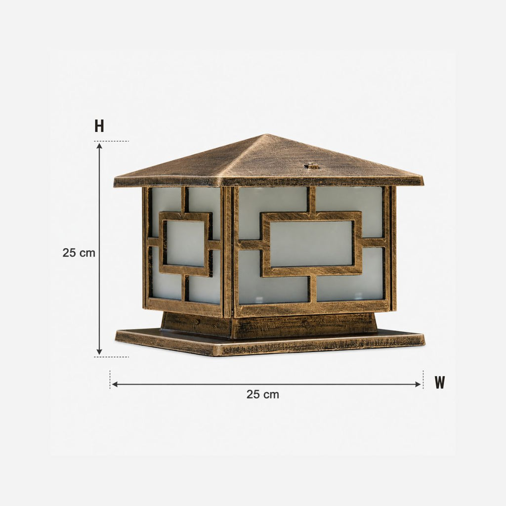 Dimensions graphic showing the pagoda pillar light at 25cm square