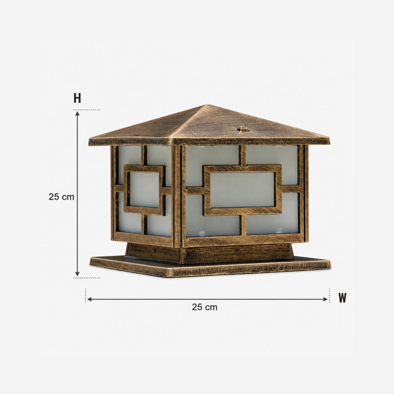 Dimensions graphic showing the pagoda pillar light at 25cm square