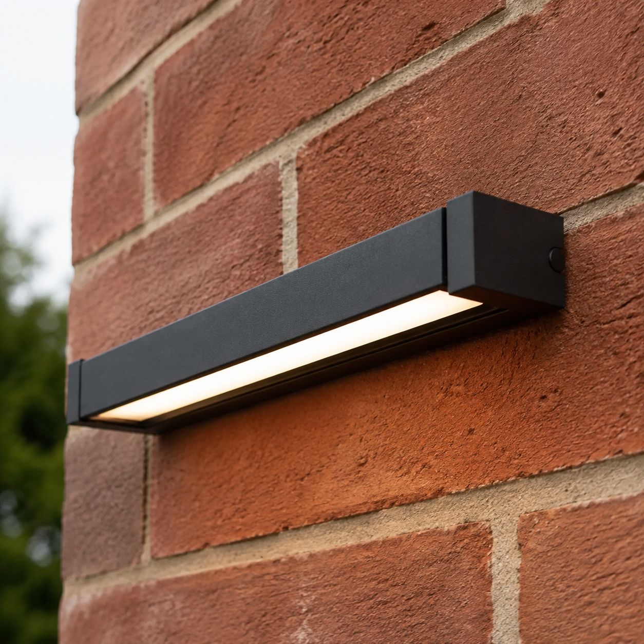 Close view of the black linear bar angled down against red brick