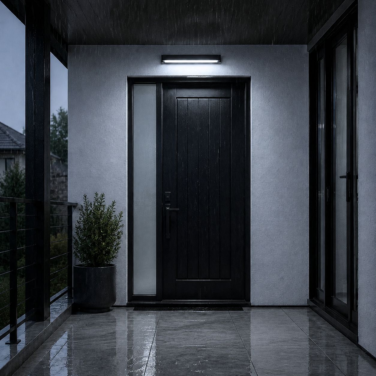 Linear wall light in cool white above a black door on a modern porch