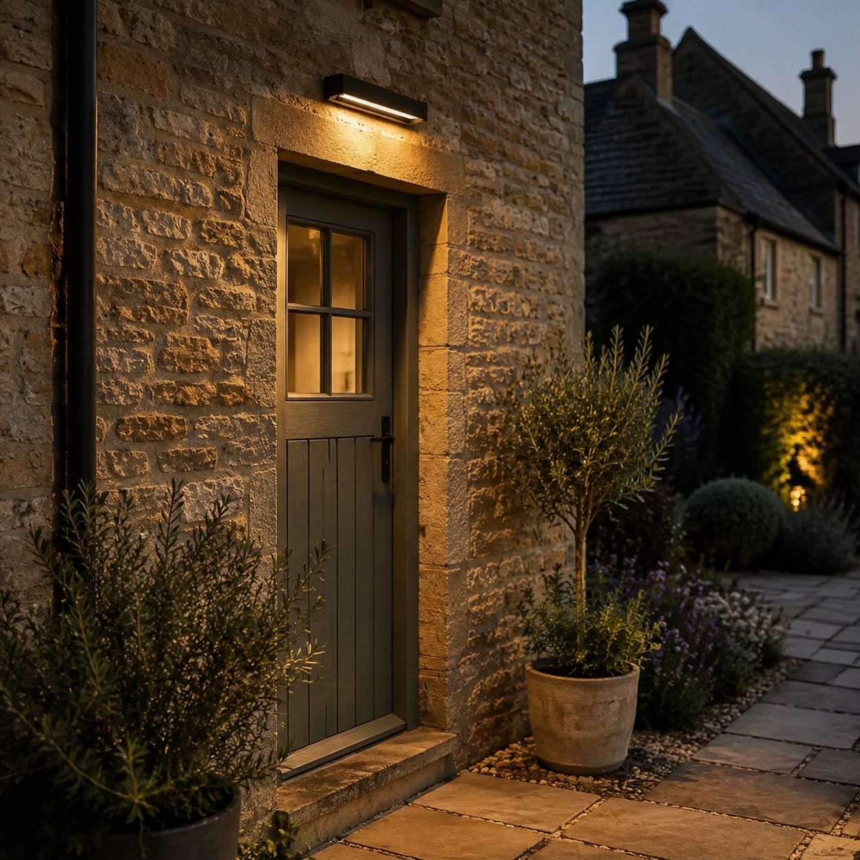 Linear wall light above a green cottage door in warm white
