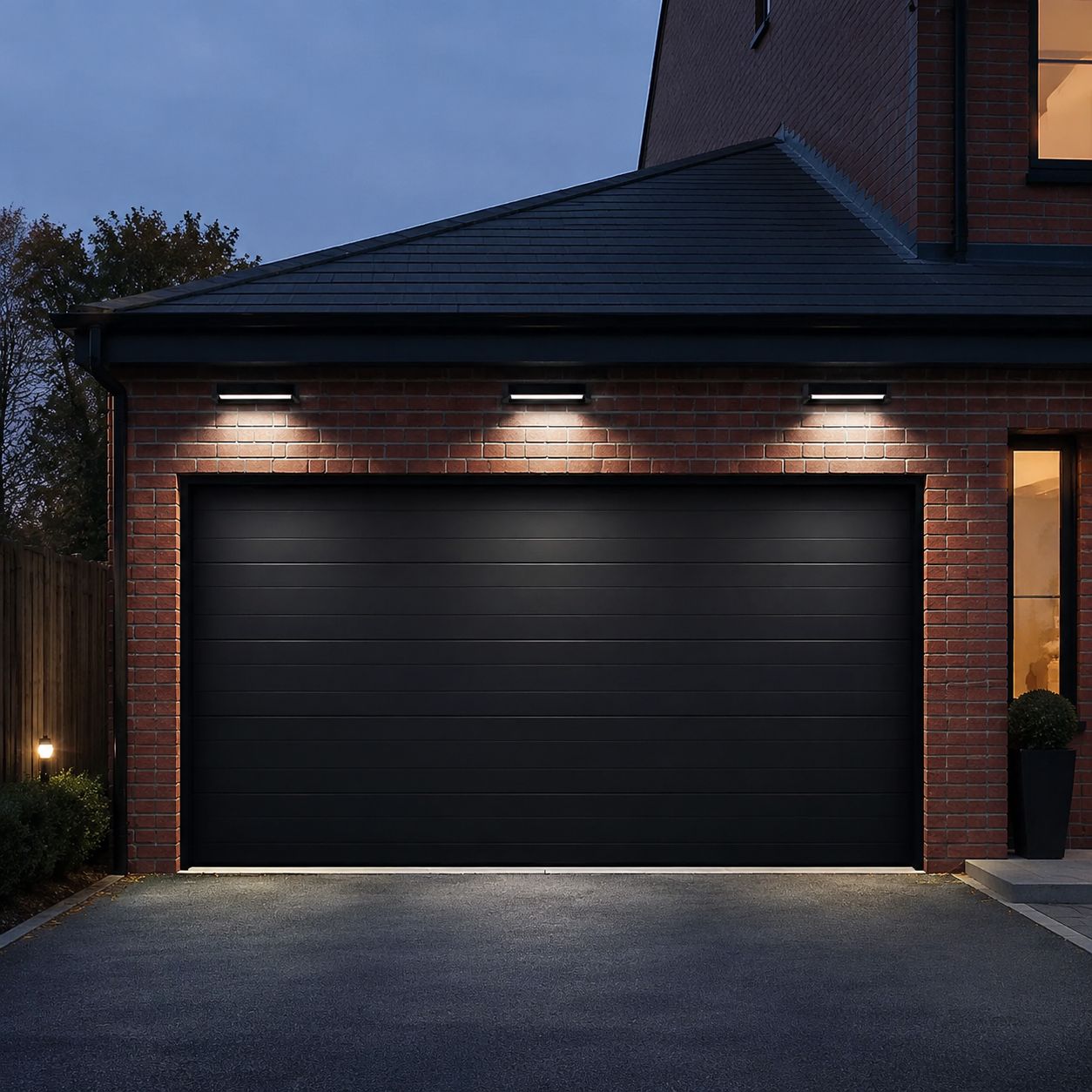 Three linear wall lights spaced above a black garage door