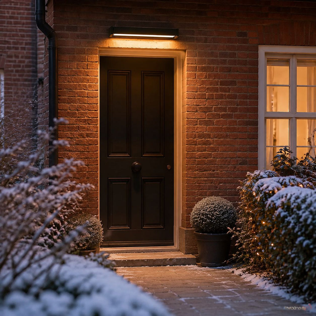 Linear wall light above a dark brick doorway with snow on the planting