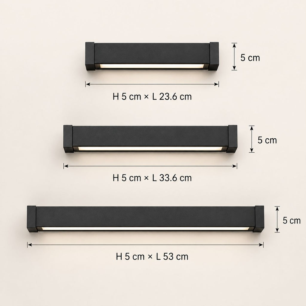 Size guide showing the three linear wall light lengths, all 5cm tall