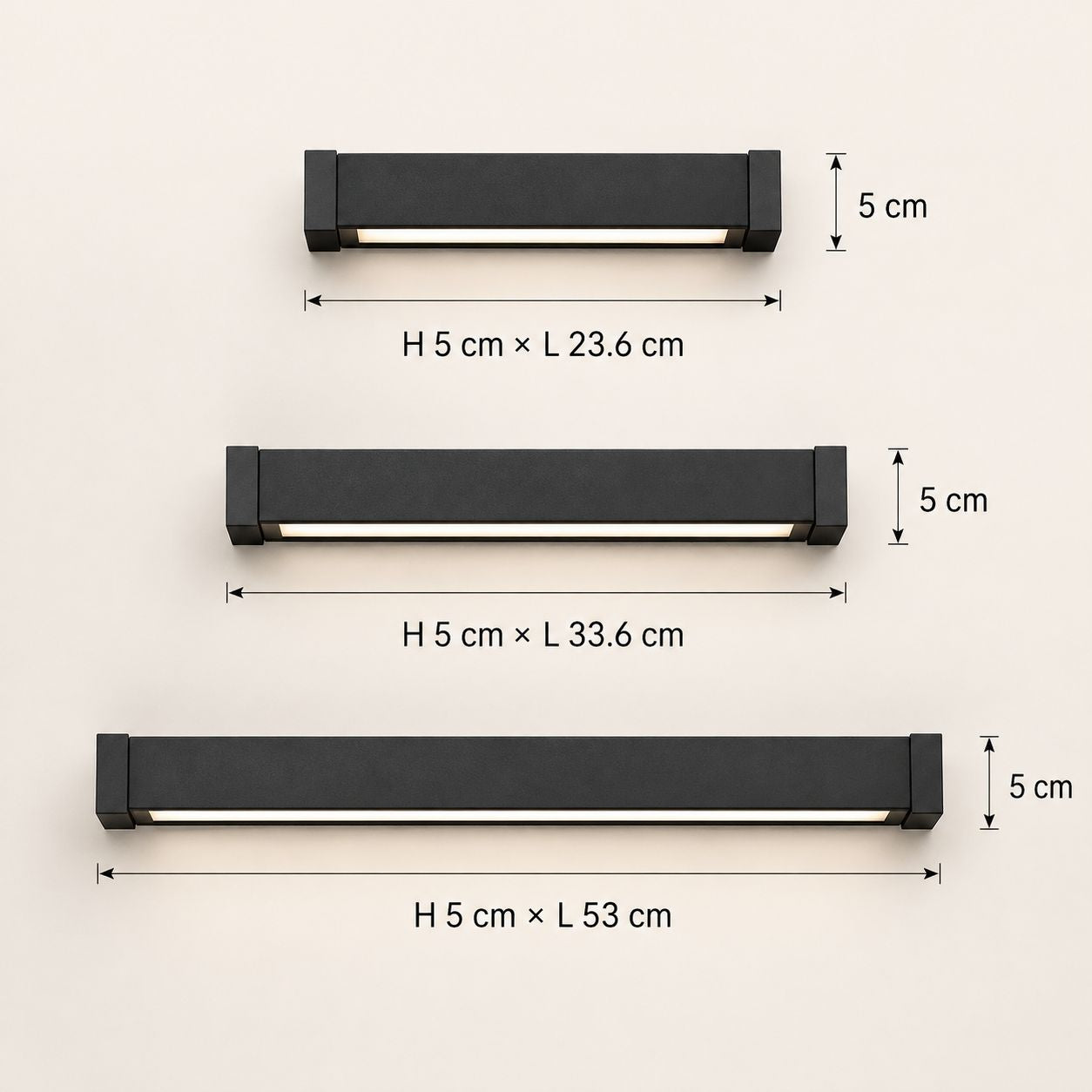 Size guide showing the three linear wall light lengths, all 5cm tall