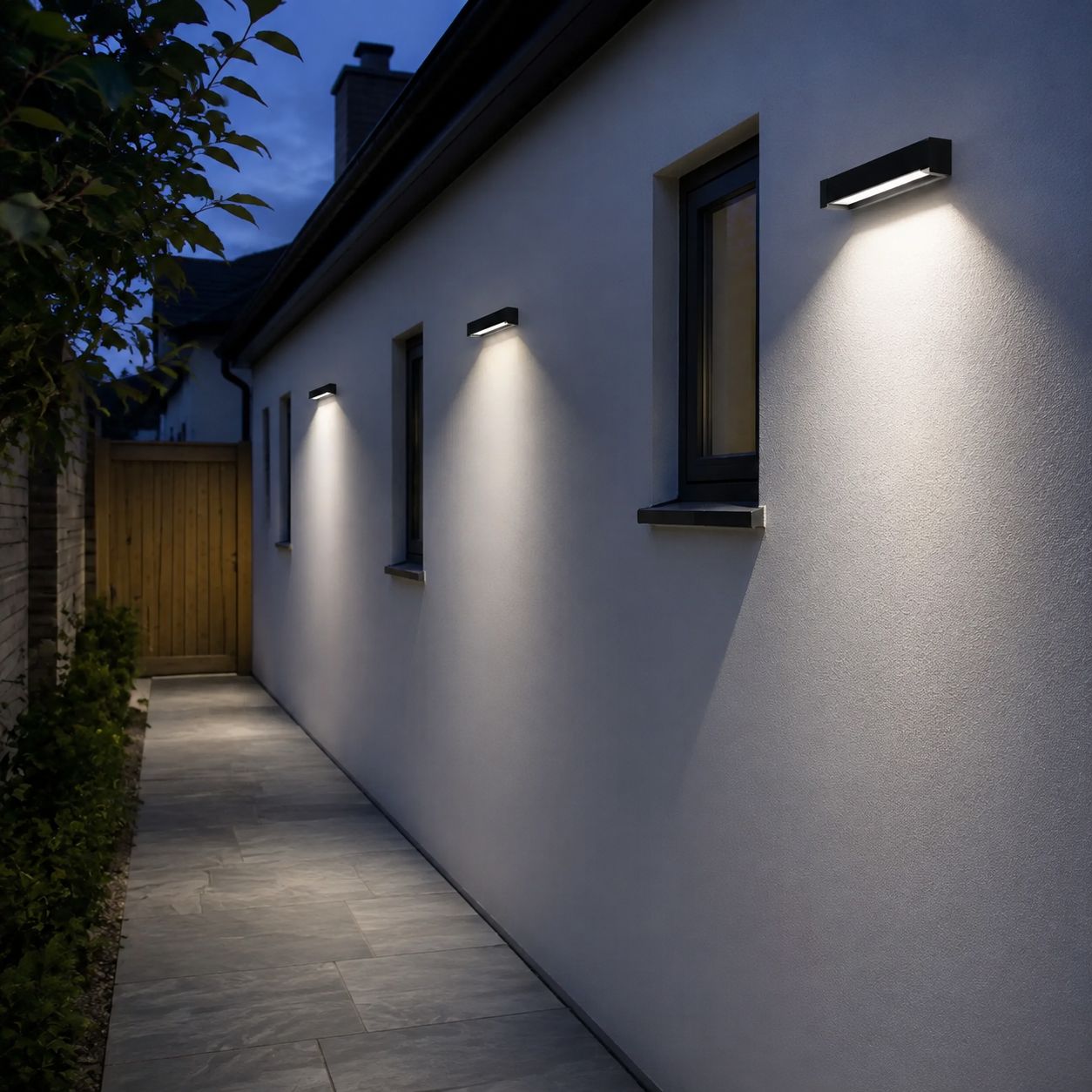 Row of linear wall lights along a white passage wall at dusk