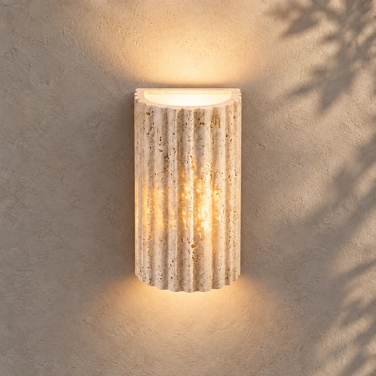 Flutessa | Rustic Travertine Wall Sconce with Fluted Stone Texture and Up-and-Down LED Light