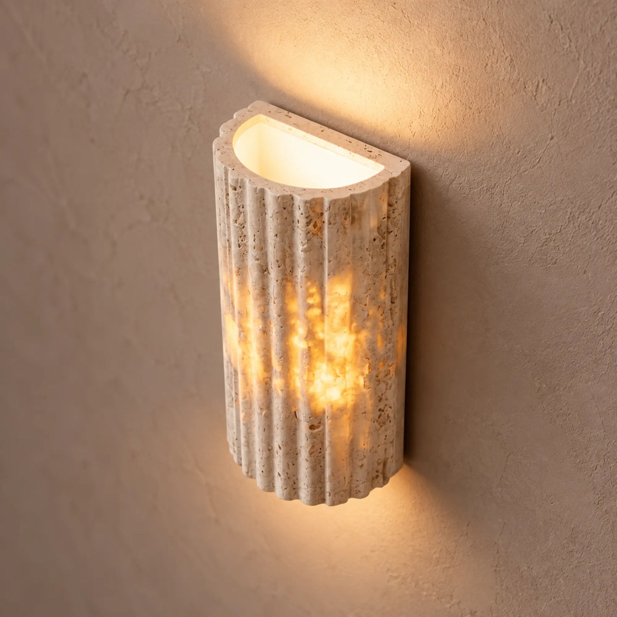 Flutessa | Rustic Travertine Wall Sconce with Fluted Stone Texture and Up-and-Down LED Light