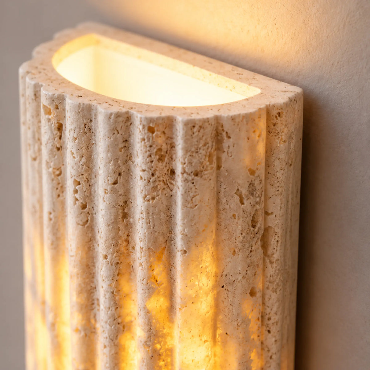 Flutessa | Rustic Travertine Wall Sconce with Fluted Stone Texture and Up-and-Down LED Light