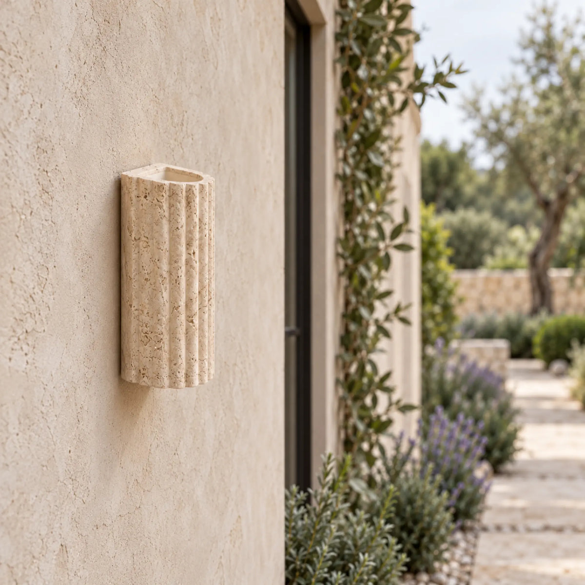 Flutessa | Rustic Travertine Wall Sconce with Fluted Stone Texture and Up-and-Down LED Light