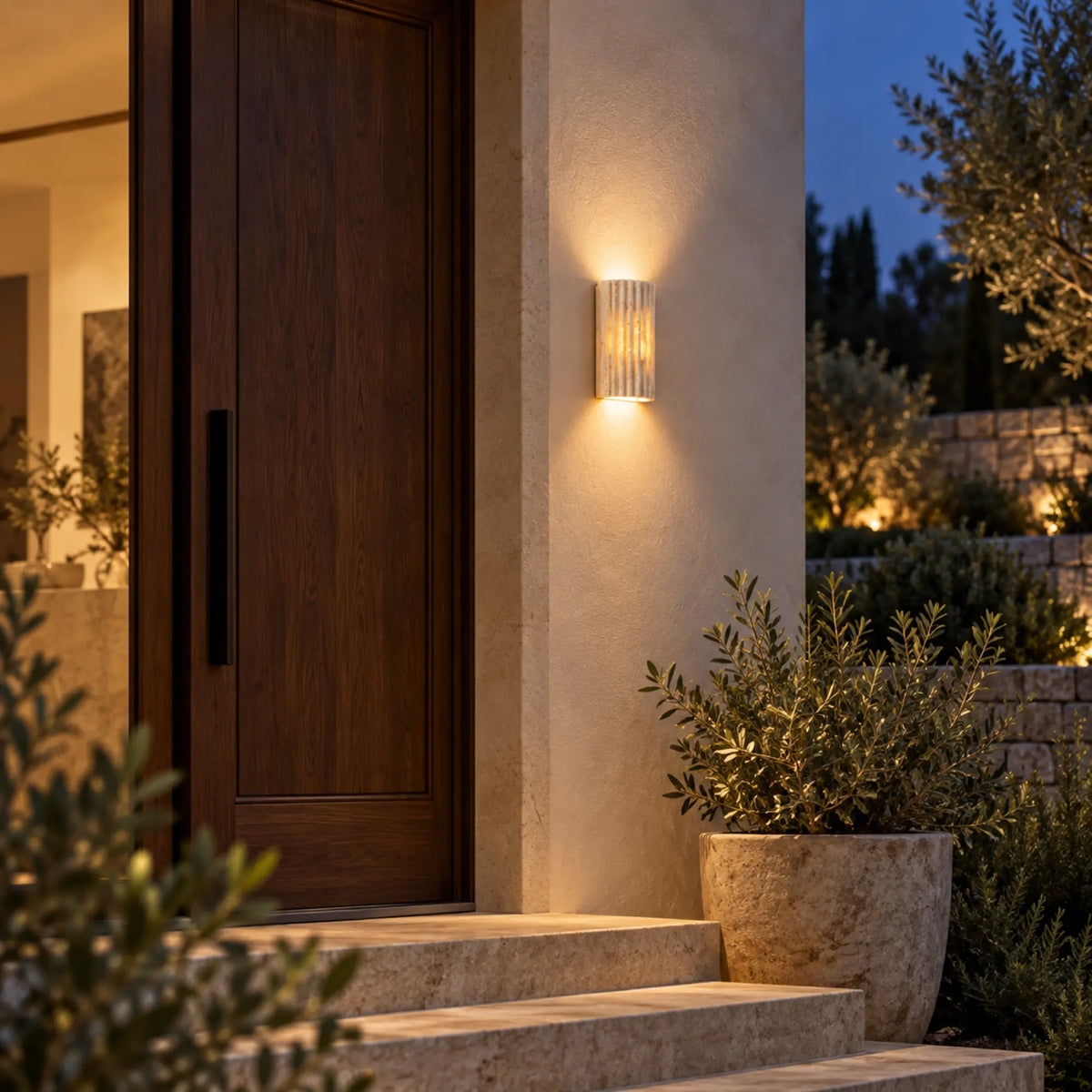 Flutessa | Rustic Travertine Wall Sconce with Fluted Stone Texture and Up-and-Down LED Light