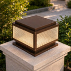 Hardwired version of the square post cap light, with a solid top plate