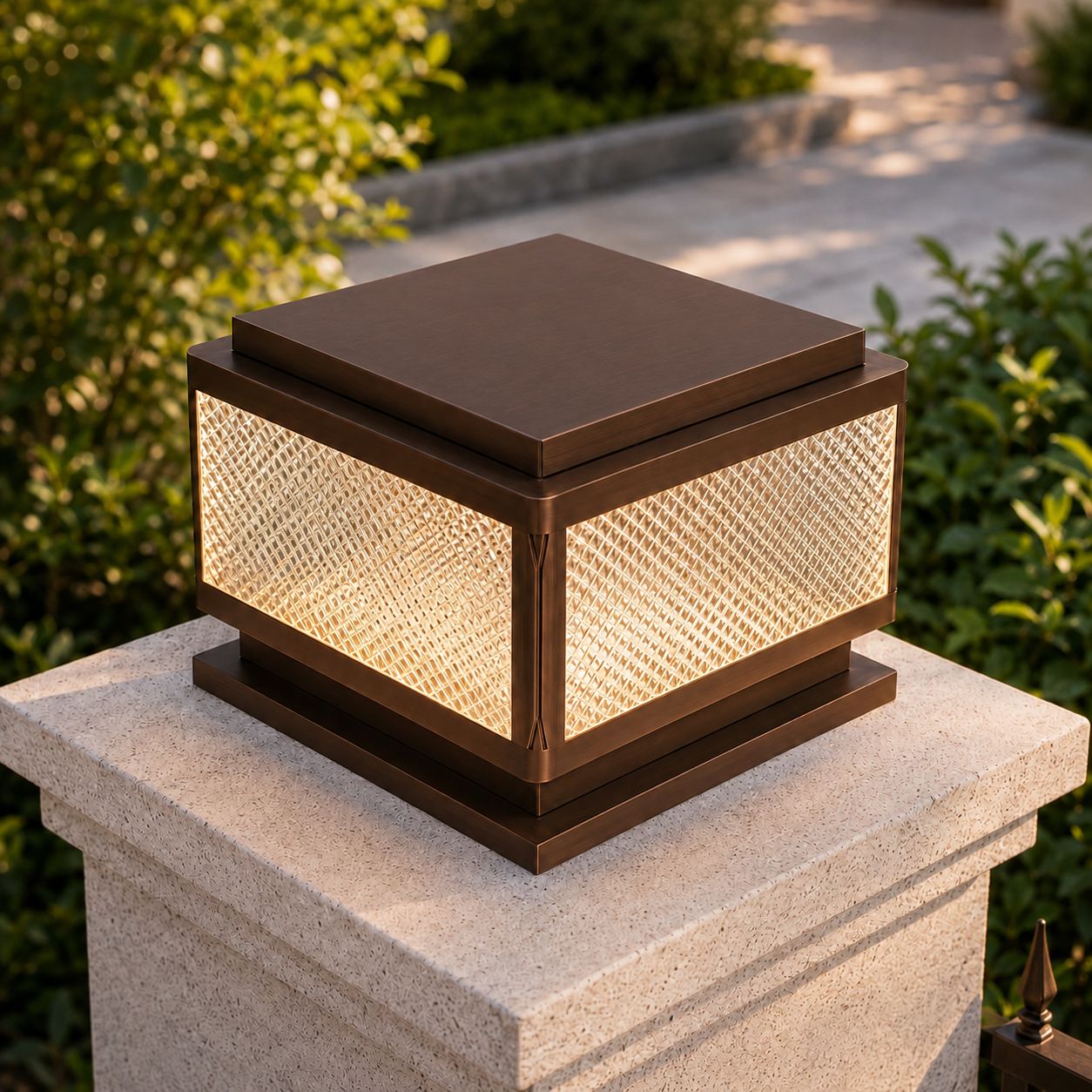 Hardwired version of the square post cap light, with a solid top plate
